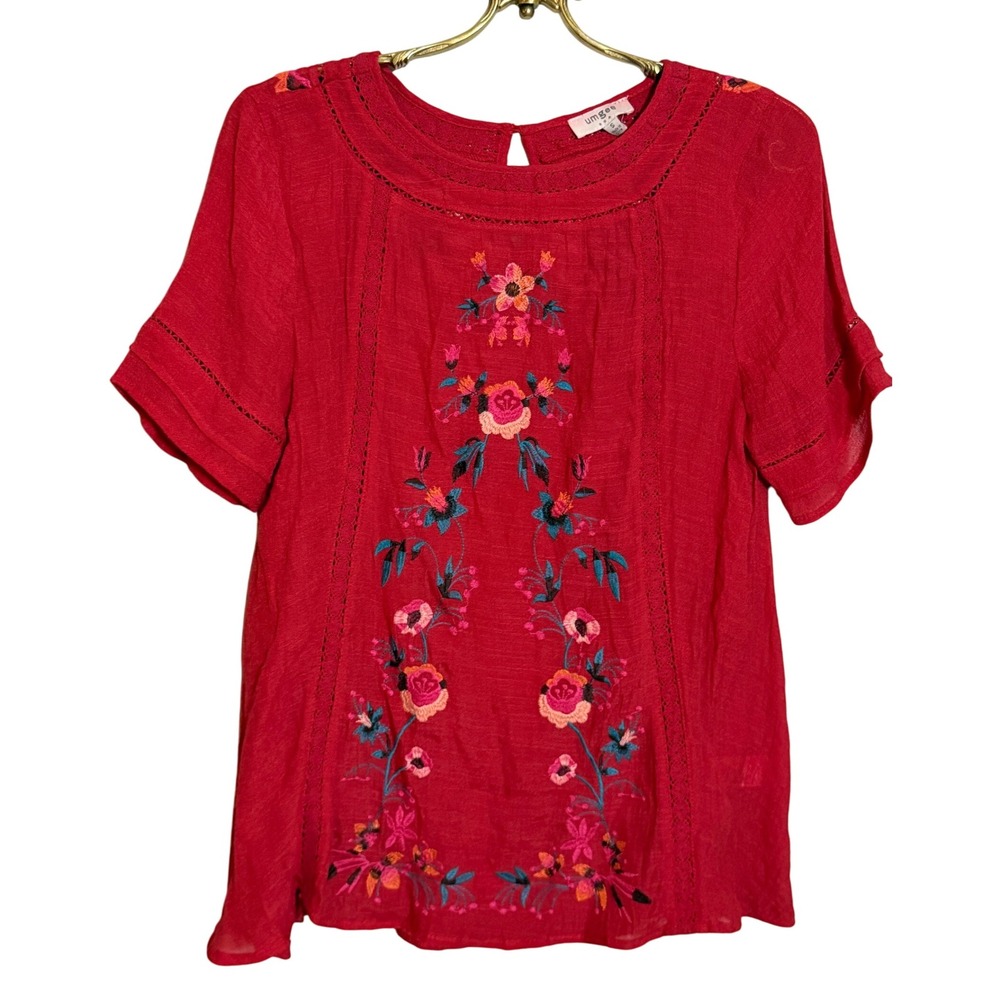Umgee USA Red Embroidered Floral Short Sleeve Top Women's Size S